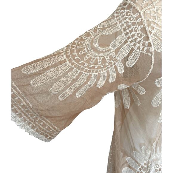 Rebellion Boho Open Duster Swim Cover Medium Tan Cream Floral Embroidery Sheer - Picture 10 of 16
